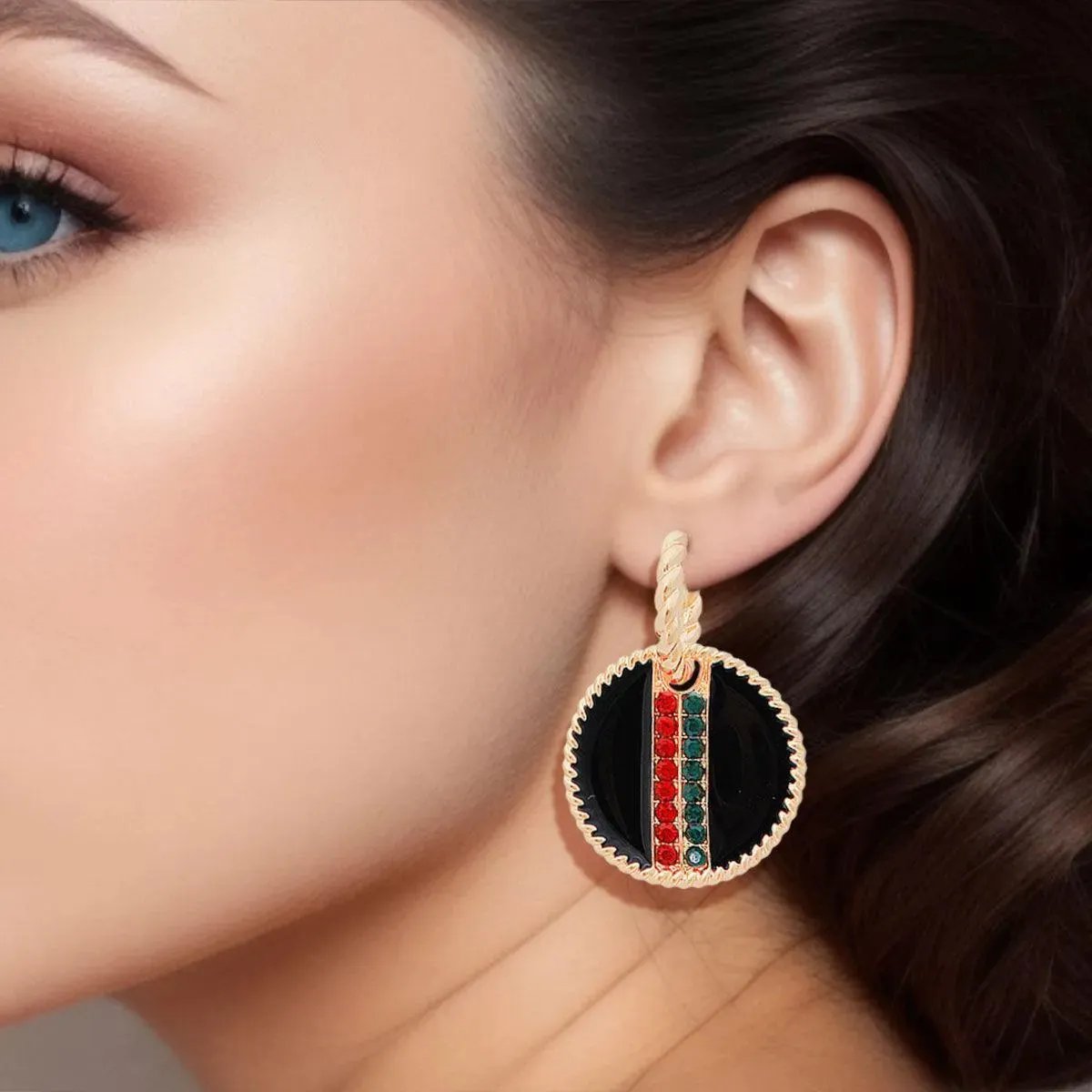 Rhinestone Embellished Fashion Earrings: Gold and Black Medallion