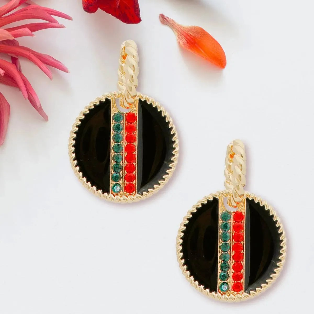 Rhinestone Embellished Fashion Earrings: Gold and Black Medallion