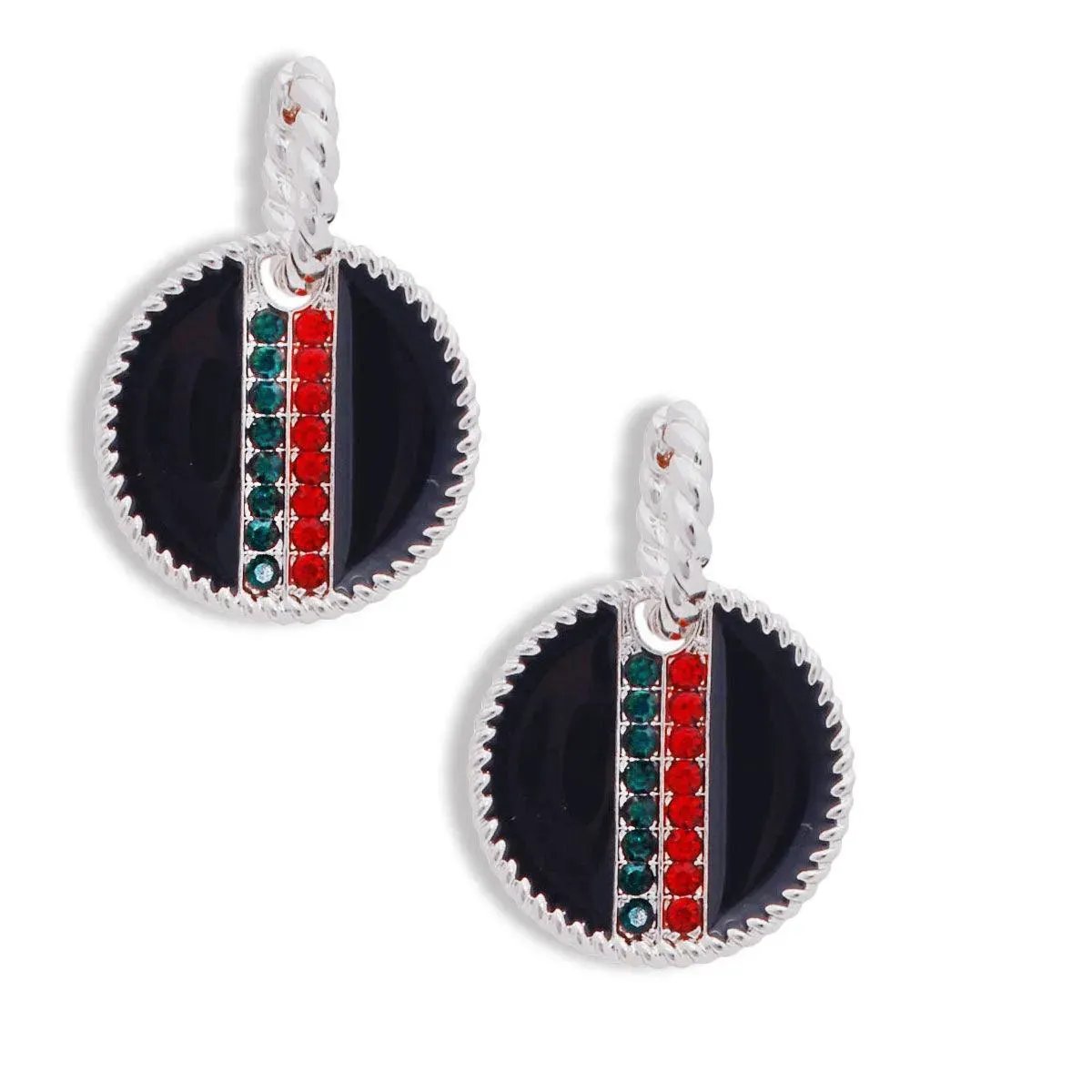 Rhinestone Embellished Fashion Earrings: Silver and Black Medallion