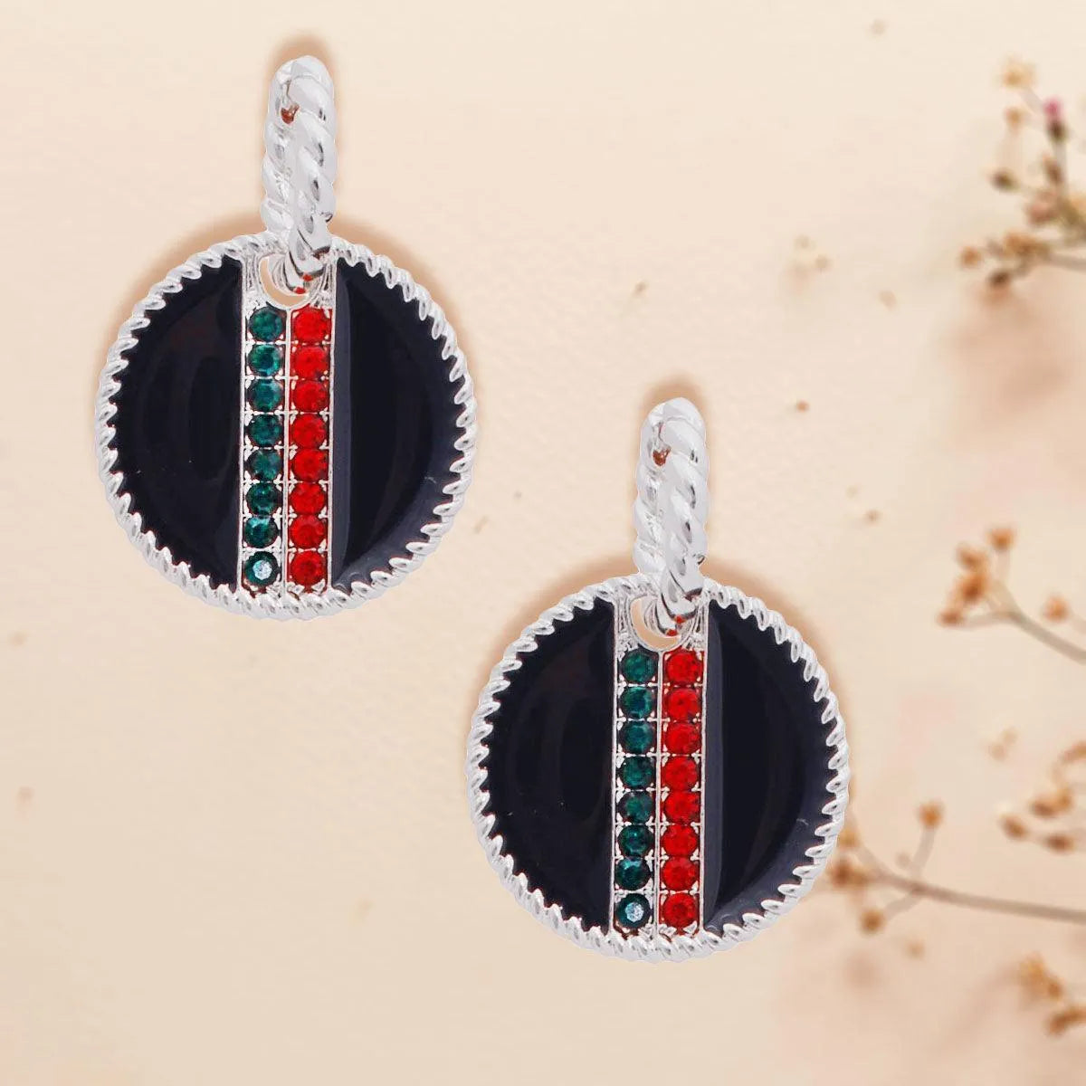 Rhinestone Embellished Fashion Earrings: Silver and Black Medallion Jewelry Bubble