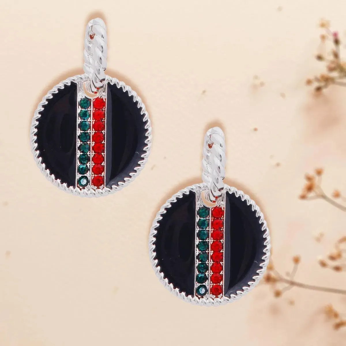Rhinestone Embellished Fashion Earrings: Silver and Black Medallion