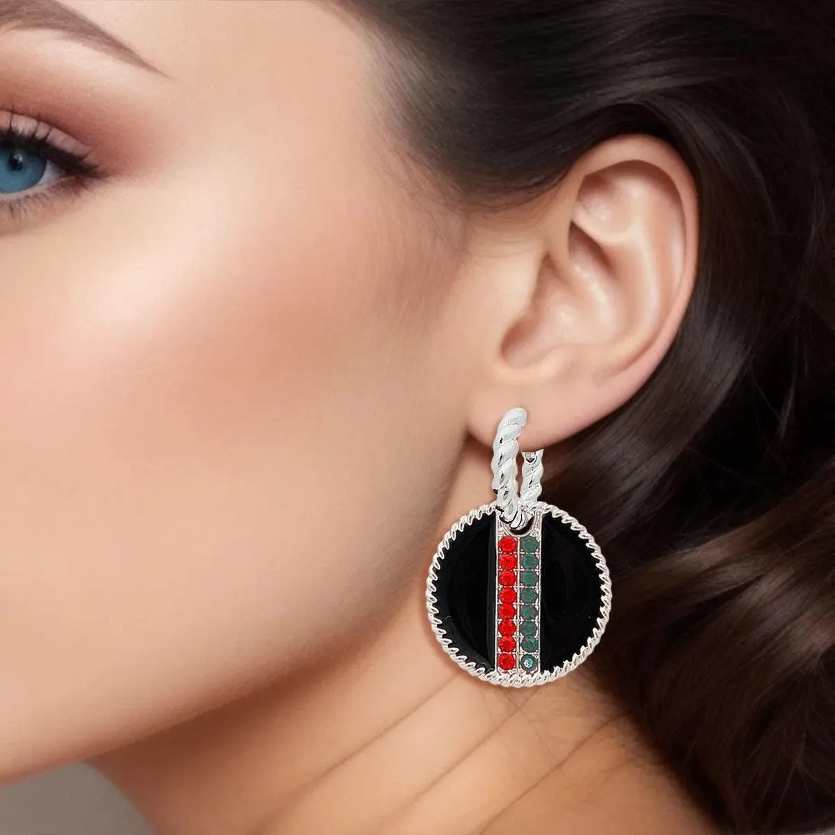 Rhinestone Embellished Fashion Earrings: Silver and Black Medallion