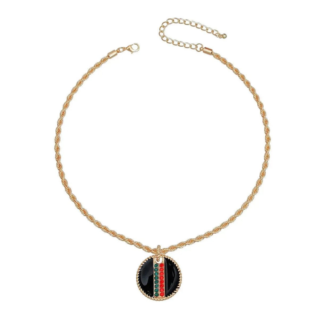 Rhinestone Embellished Fashion Necklace: Gold and Black Medallion