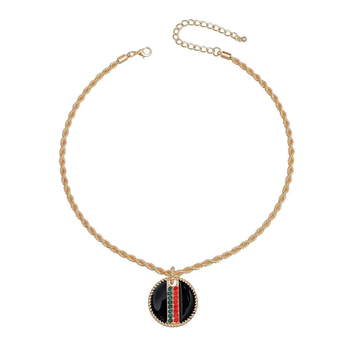Rhinestone Embellished Fashion Necklace: Gold and Black Medallion