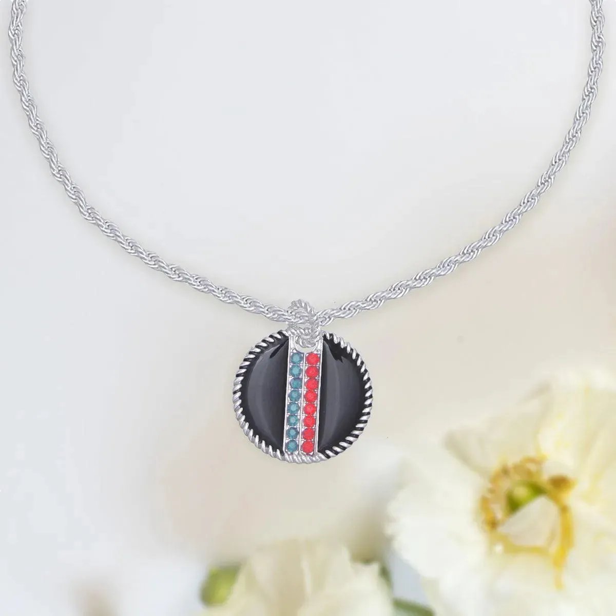 Rhinestone Embellished Fashion Necklace: Silver and Black Medallion