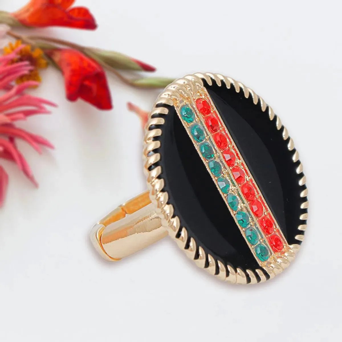 Rhinestone Embellished Fashion Ring: Gold and Black Medallion