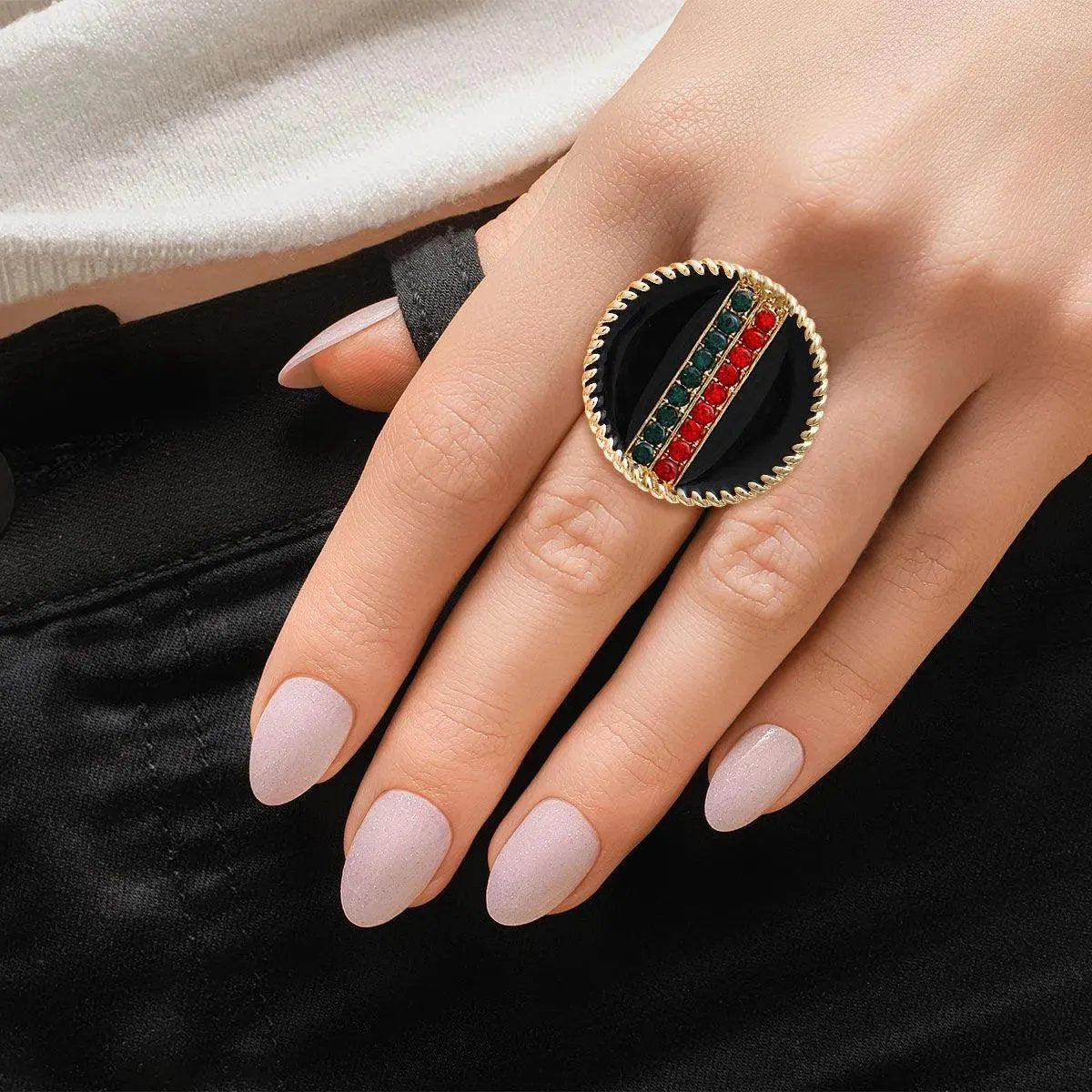 Rhinestone Embellished Fashion Ring: Gold and Black Medallion