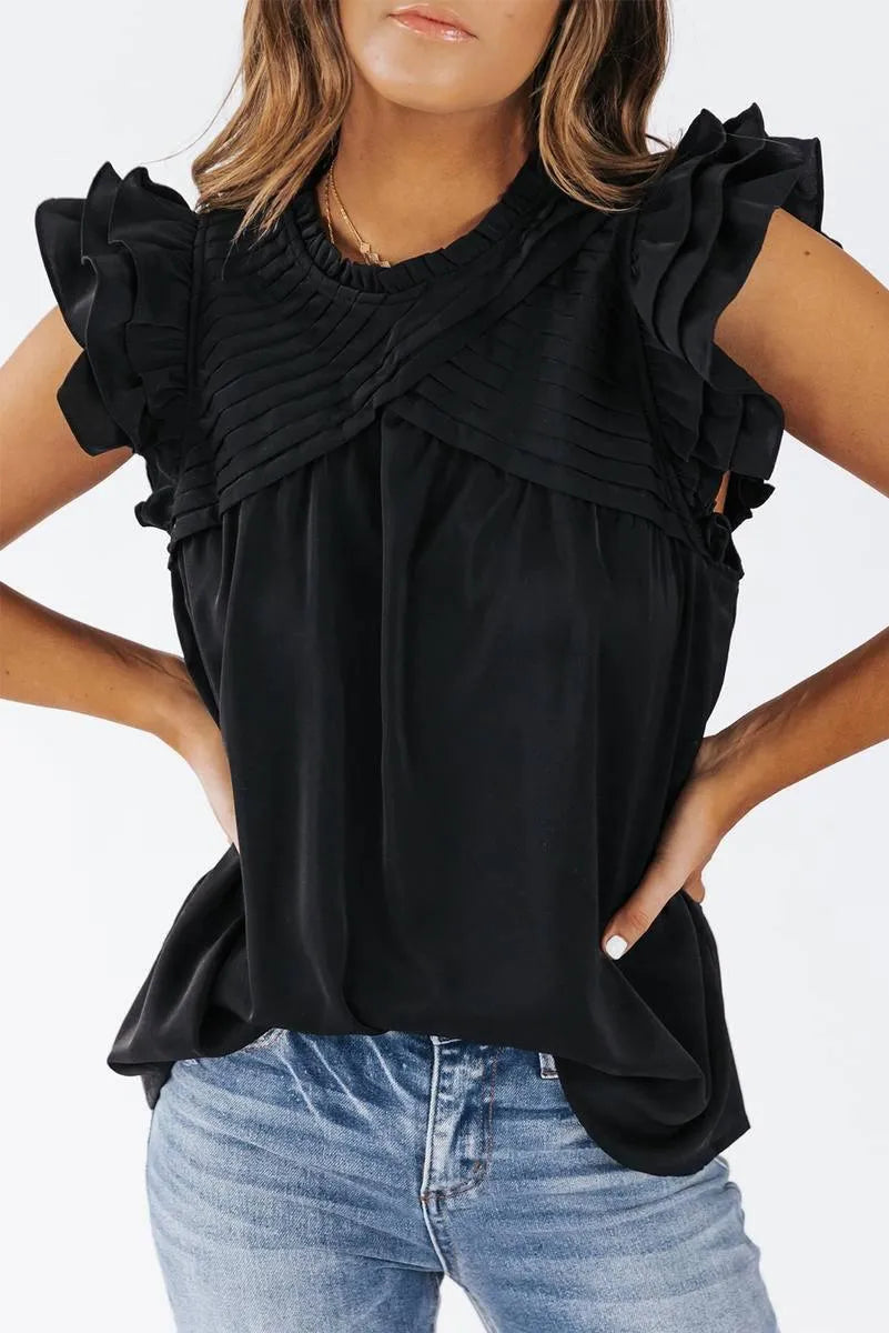 Say Hello to Your New Favorite: Ruffle Sleeve Pleated Yoke Loose Top Jewelry Bubble