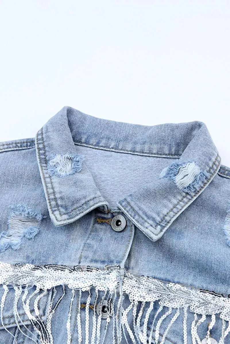 Sequin Embellished Fringe Distressed Denim Jacket