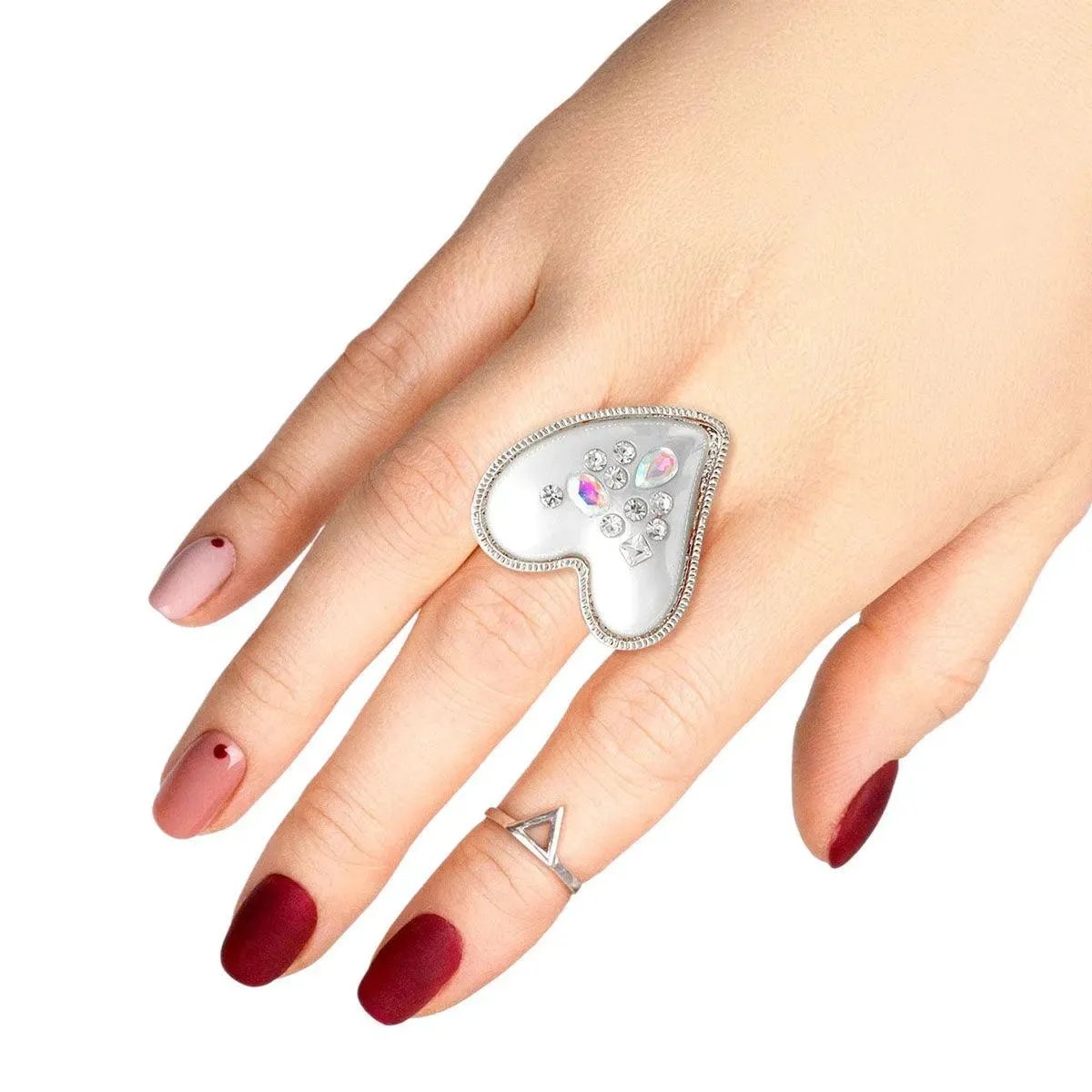 Shimmer and Shine: Pearlized Statement Heart Ring in Silver Tone