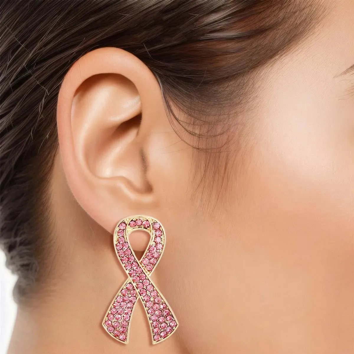 Shimmer with Confidence: Pink Rhinestone Ribbon Stud Earrings Gold Tone