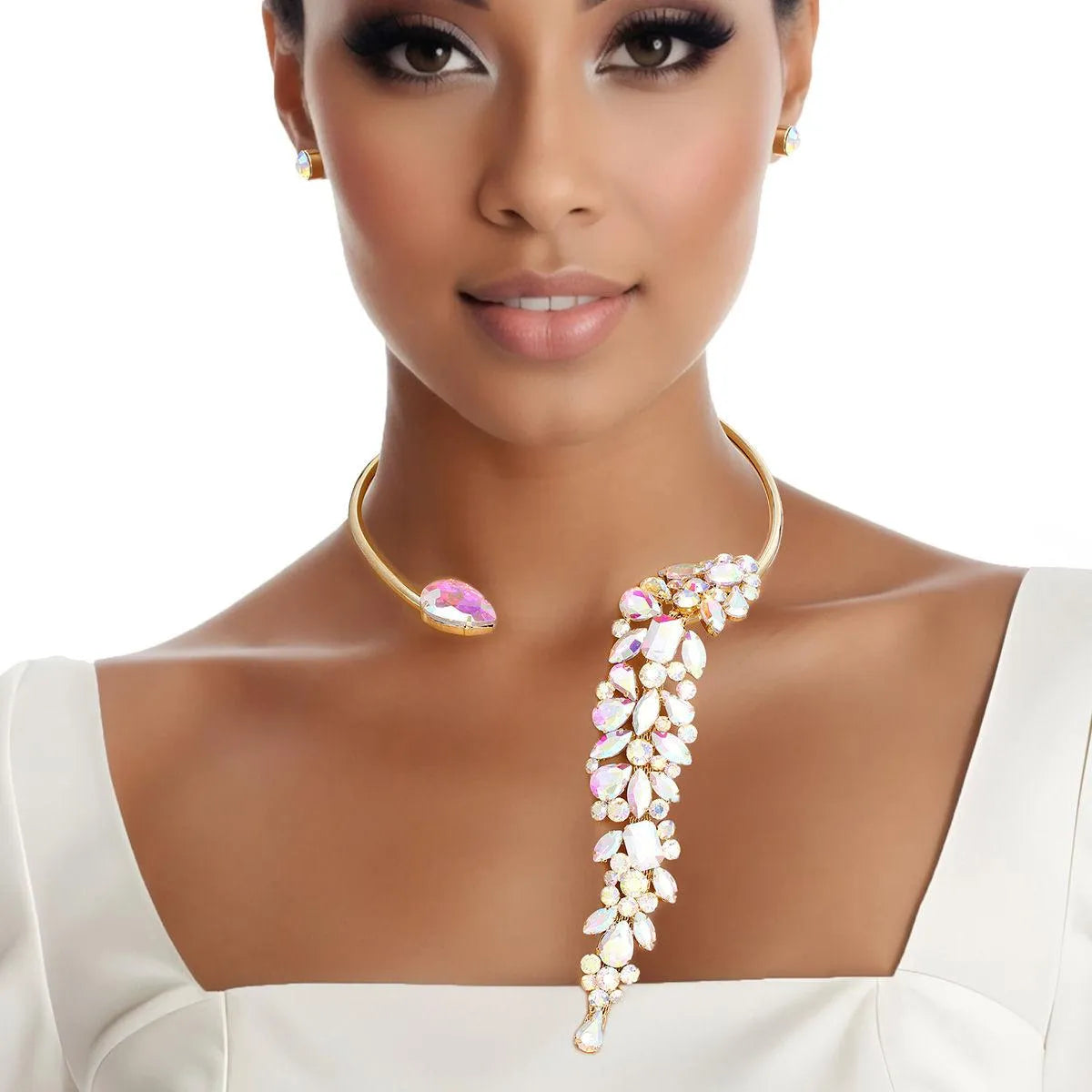 Shine Bright: Aurora Borealis Rhinestone Leaf Choker Necklace Set - Must-Have Accessory! Pinktown