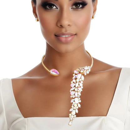 Shine Bright: Aurora Borealis Rhinestone Leaf Choker Necklace Set - Must-Have Accessory! Pinktown