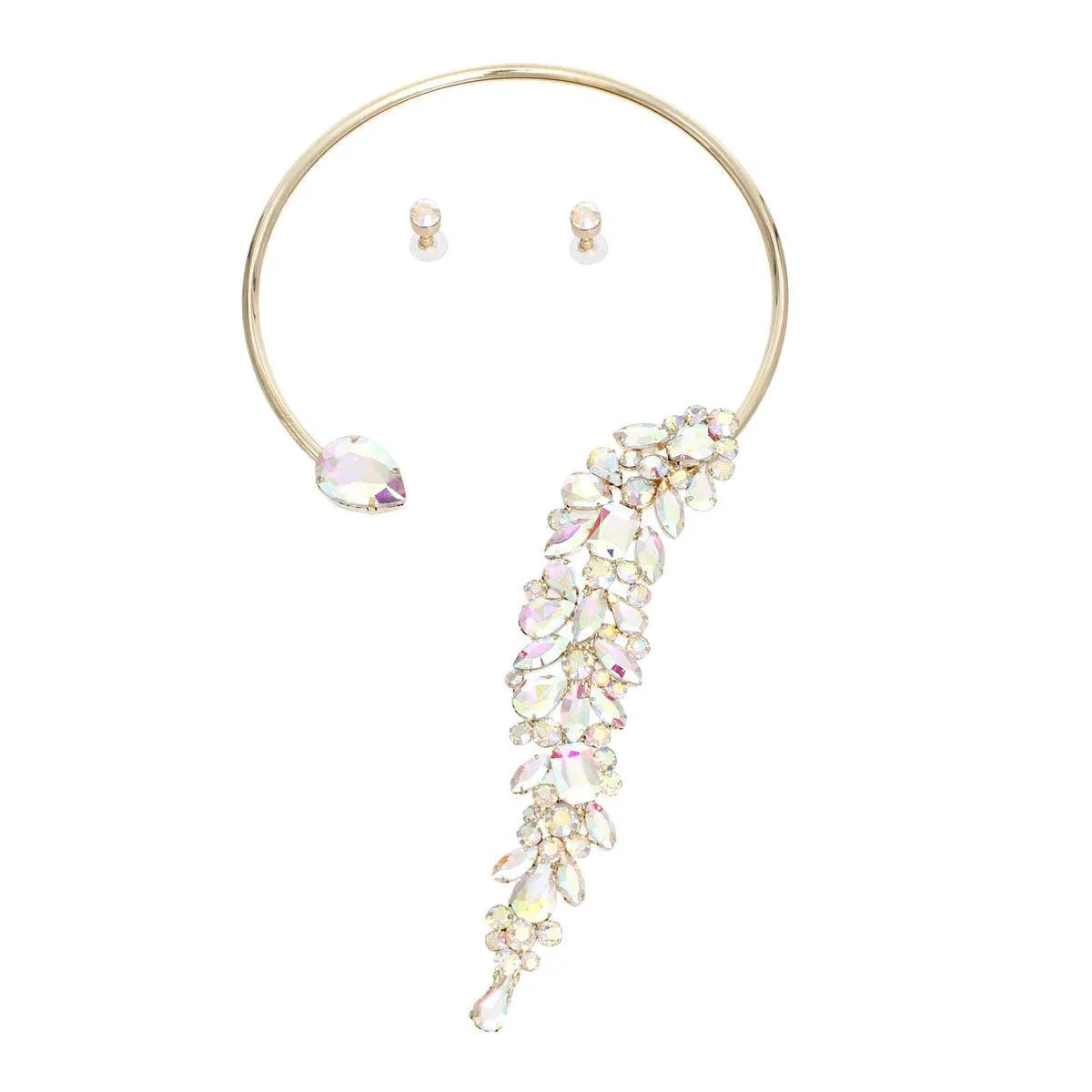 Shine Bright: Aurora Borealis Rhinestone Leaf Choker Necklace Set - Must-Have Accessory! Pinktown