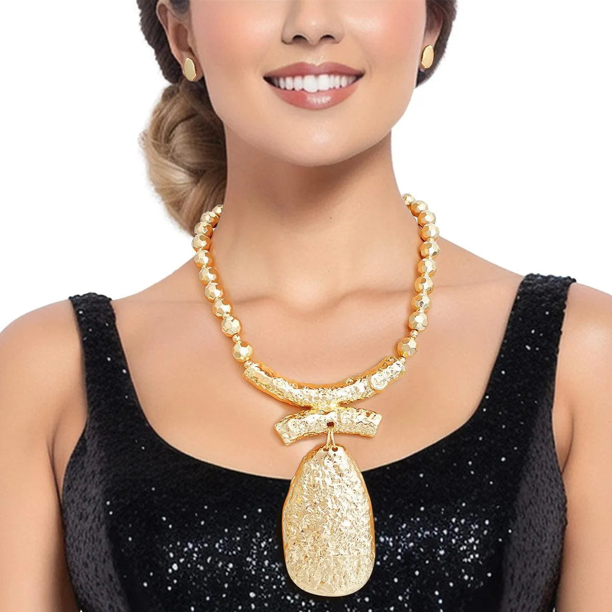 Shine Bright: Gold Ball Bead Necklace with Textured Pendant Pinktown