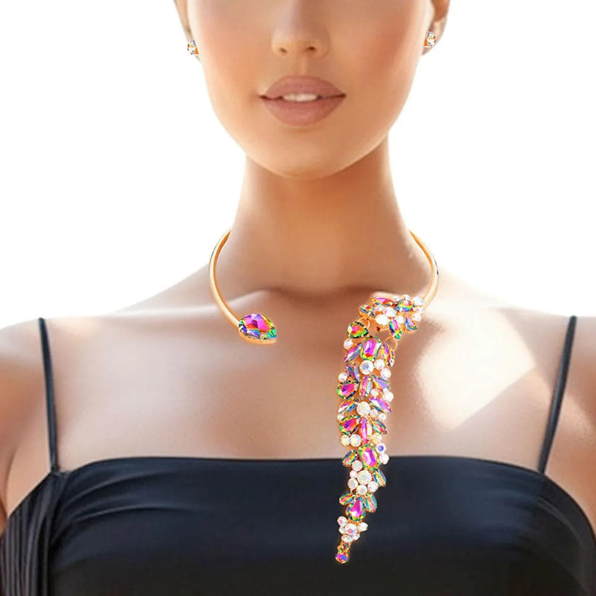 Shine Bright: Pink Green Rhinestone Leaf Choker Necklace Set - Must-Have Accessory! Jewelry Bubble