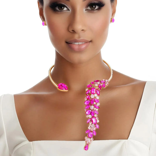 Shine Bright: Pink Rhinestone Leaf Choker Necklace Set - Must-Have Accessory! Jewelry Bubble