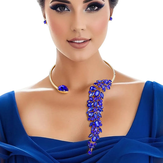 Shine Bright: Royal Blue Rhinestone Leaf Choker Necklace Set - Must-Have Accessory! Jewelry Bubble