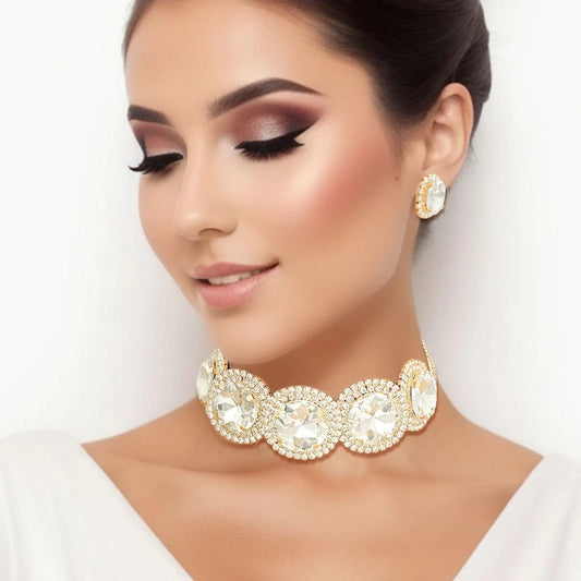 Shine with Brilliant Gold-tone Acrylic Crystal Choker Necklace Set - Elevate Your Style Jewelry Bubble