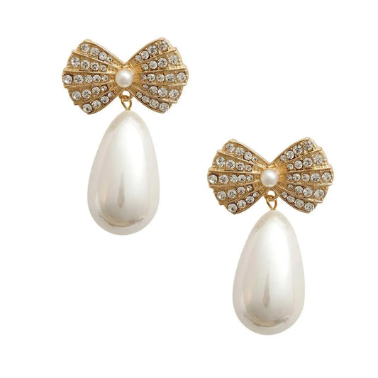 Shop Stunning Gold Tone & Rhinestone Bow Earrings - Pearl Dangle Pinktown