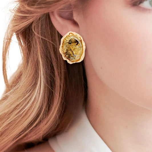 Shop Stylish Gold Tone Oval Studs: Textured Metal & Resin Accents Pinktown