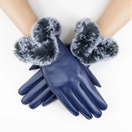 Shop Stylish Navy Vegan Leather Gloves - Women's Faux Fur Cuff Pinktown