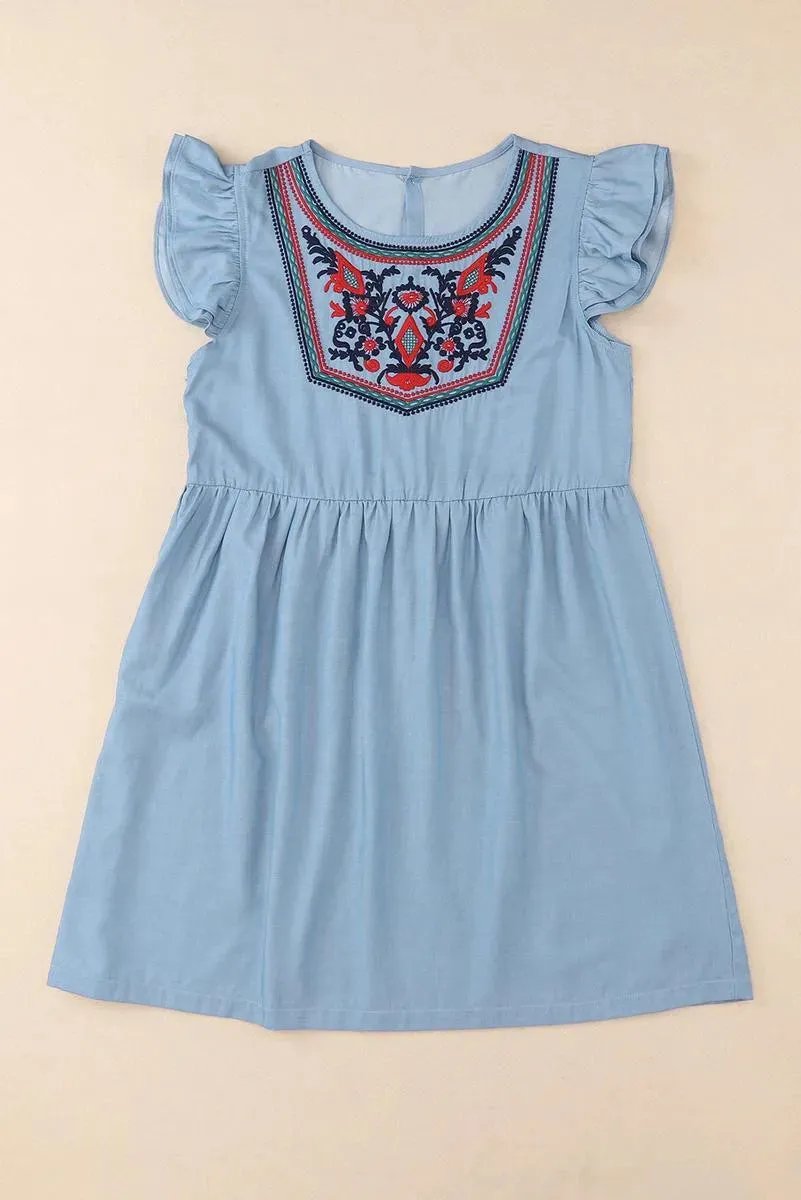 Shop the Latest Floral Embroidered Ruffled Sleeve Mini Dress in Sky-blue