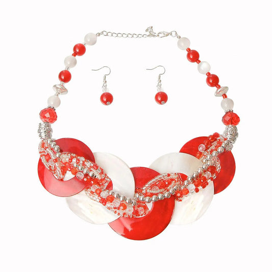 Shop the Latest Red and White Beaded Disc Necklace Set - Must-Have! Jewelry Bubble