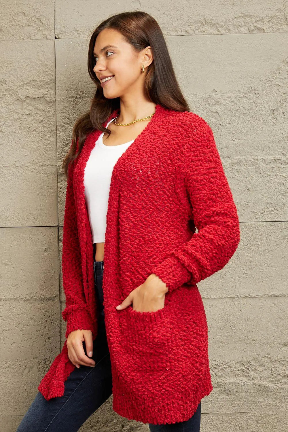Shop the Perfect Layering Piece: Open-front Popcorn Red Cardigan for Women Jewelry Bubble