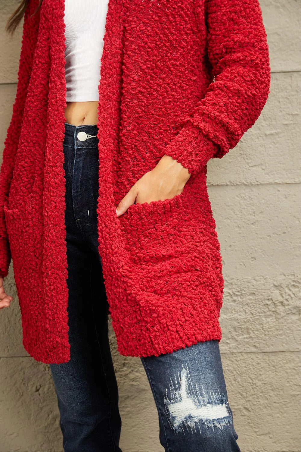 Shop the Perfect Layering Piece: Open-front Popcorn Red Cardigan for Women Jewelry Bubble