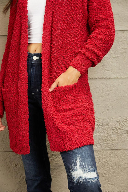 Shop the Perfect Layering Piece: Open-front Popcorn Red Cardigan for Women Jewelry Bubble