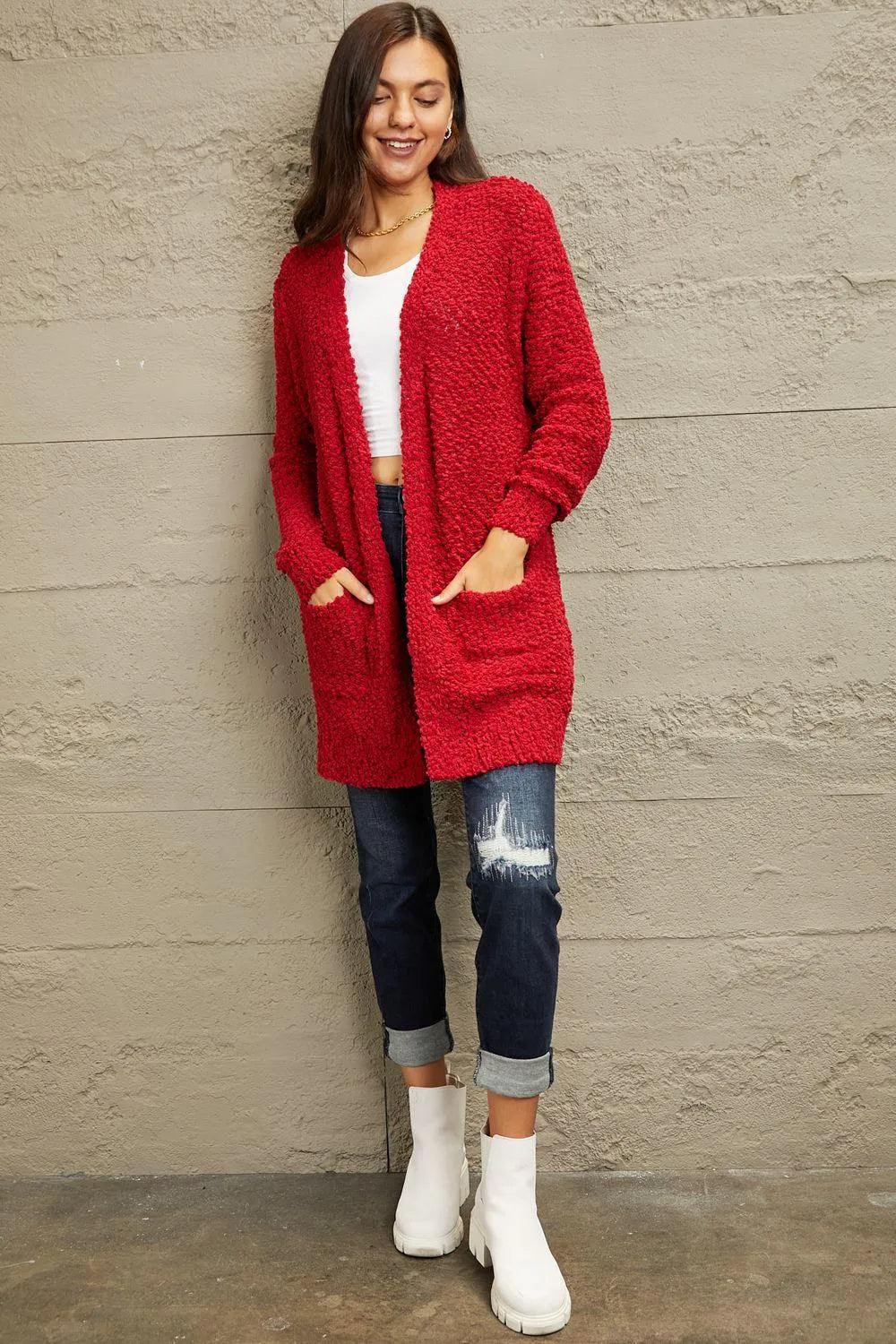Shop the Perfect Layering Piece: Open-front Popcorn Red Cardigan for Women Jewelry Bubble