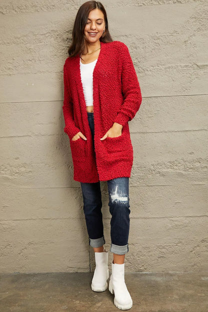 Shop the Perfect Layering Piece: Open-front Popcorn Red Cardigan for Women Jewelry Bubble