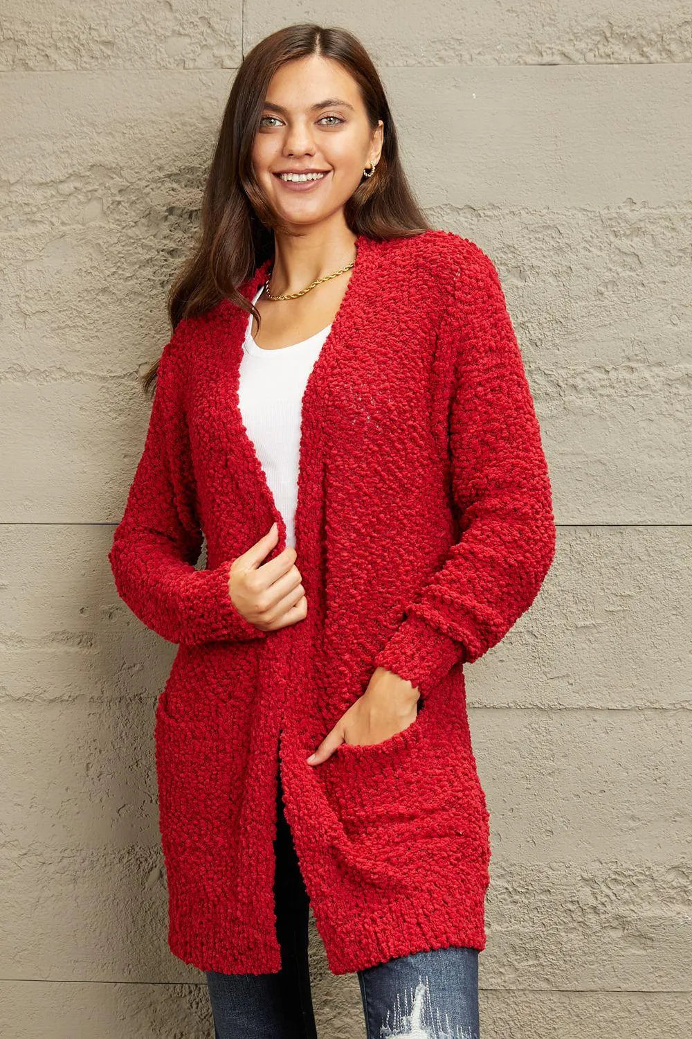 Shop the Perfect Layering Piece: Open-front Popcorn Red Cardigan for Women Jewelry Bubble
