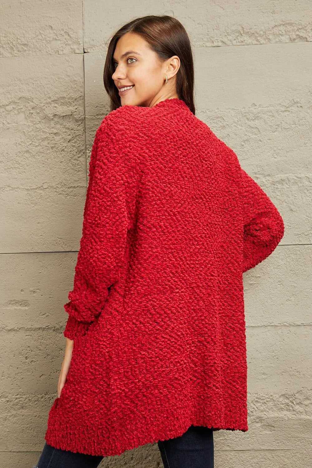 Shop the Perfect Layering Piece: Open-front Popcorn Red Cardigan for Women Jewelry Bubble