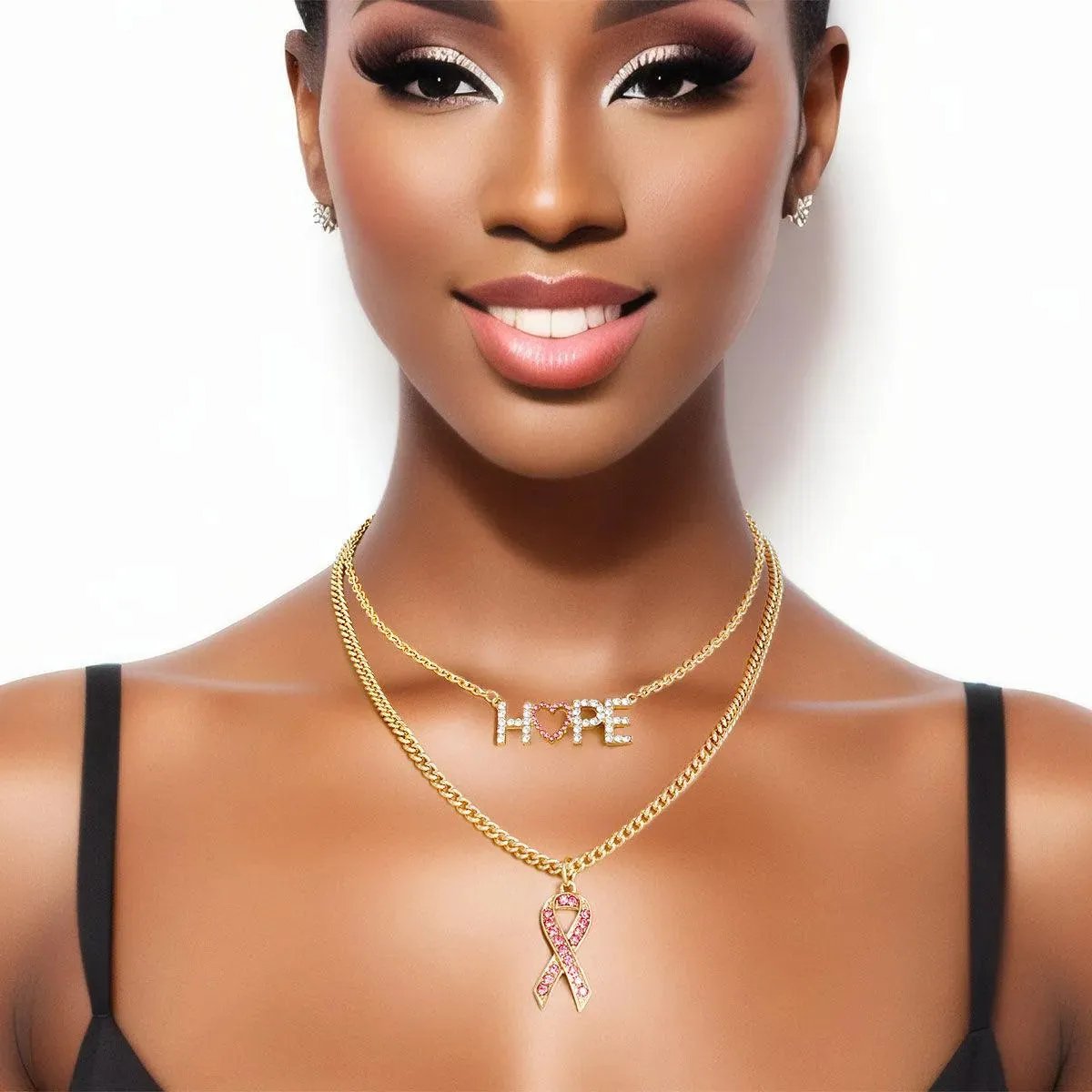 Show Your Support in Style with a Pink Gold Hope and Ribbon Necklace