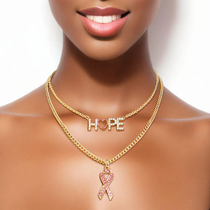 Show Your Support in Style with a Pink Gold Hope and Ribbon Necklace Jewelry Bubble