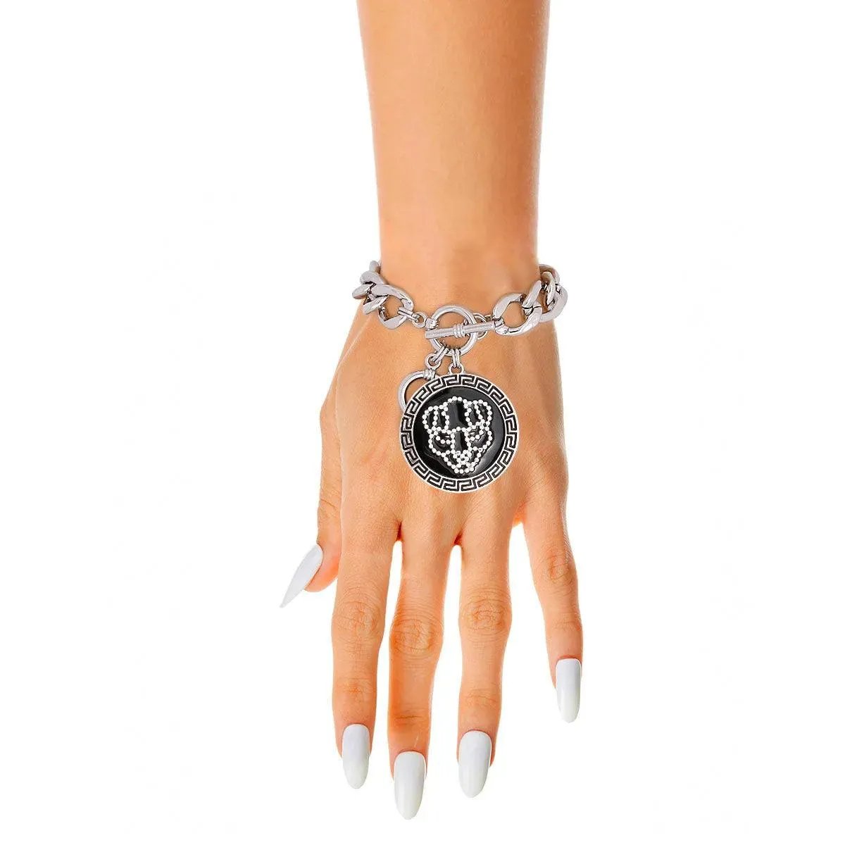 Silver Link Chain Women's Bracelet with Rhinestone Tiger Charm