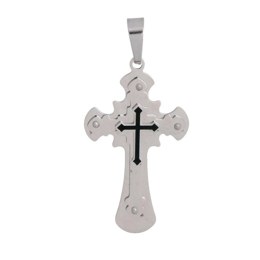 Silver Tone Stainless Steel Cross Pendant with Black Detail Jewelry Bubble