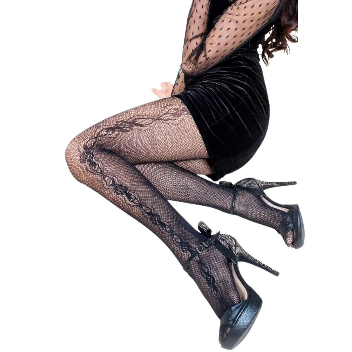 Sleek and Sexy Stockings: Plus Size Black-rose Fishnet Pantyhose Jewelry Bubble