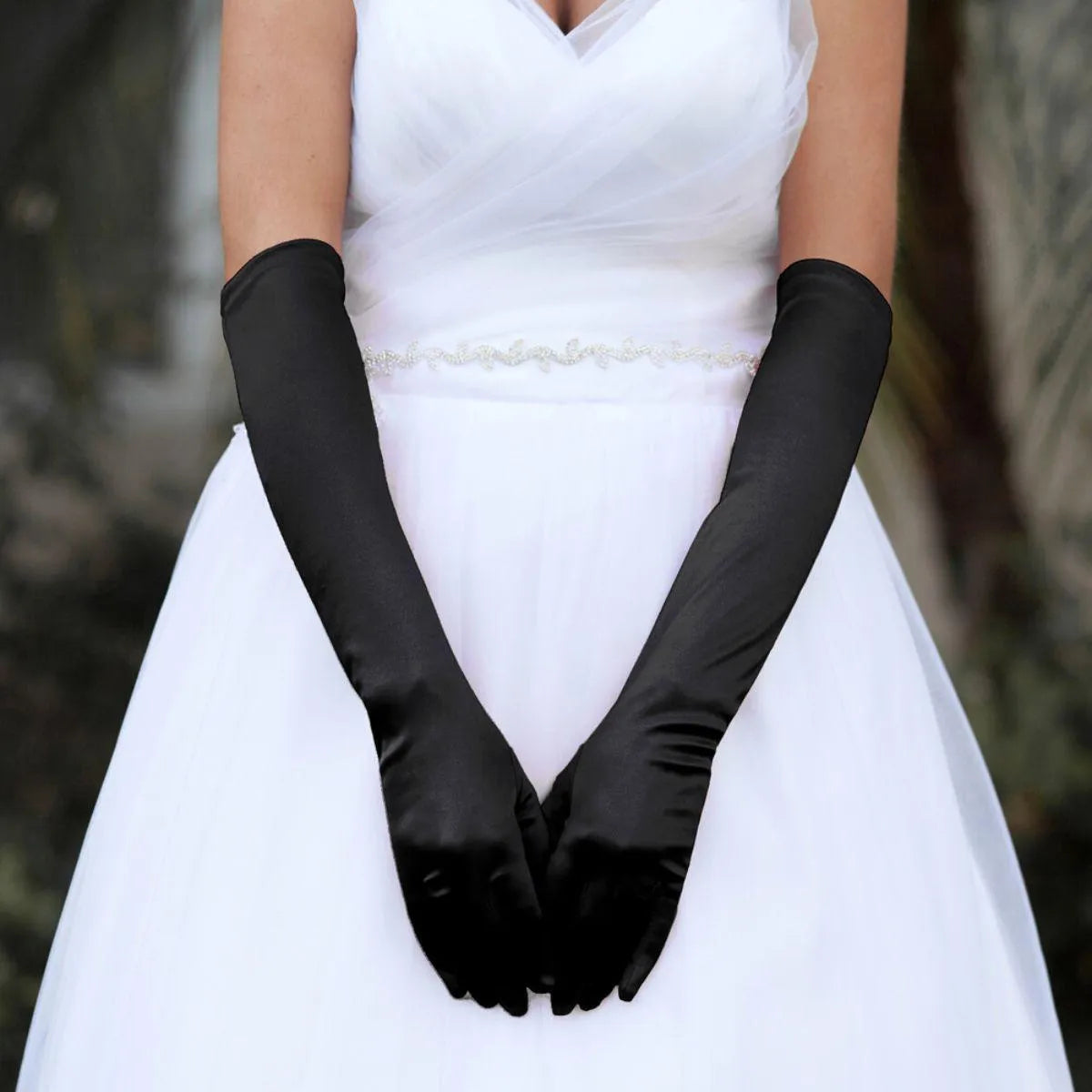 Sophisticated Long Satin Evening Gloves in Black Jewelry Bubble