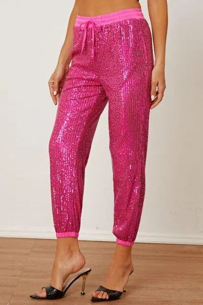 Sparkle Up Your Look with Hot Pink Sequin Drawstring Pants - Shop the Latest Trend Today Jewelry Bubble