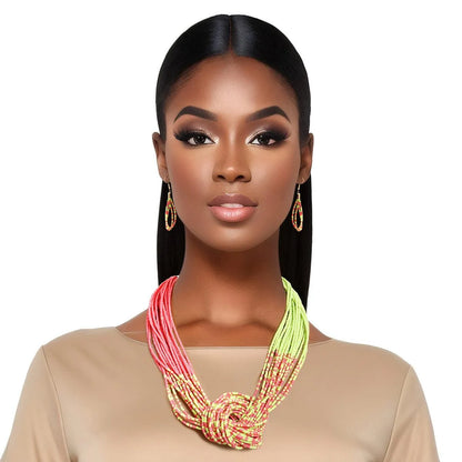 Stand Out with a Green & Pink Beaded Knot Necklace Set Jewelry Bubble