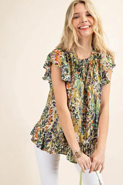 Stay Stylish and Comfy in a Printed Ruffle Hem Cap Sleeve Blouse Jewelry Bubble