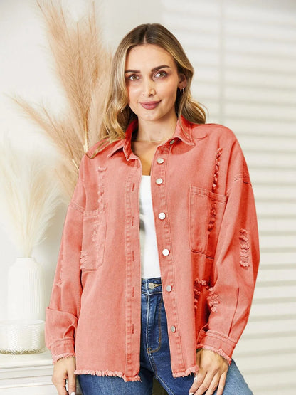 Stay Stylish with Women's Distressed Raw Hem Denim Jacket Jewelry Bubble