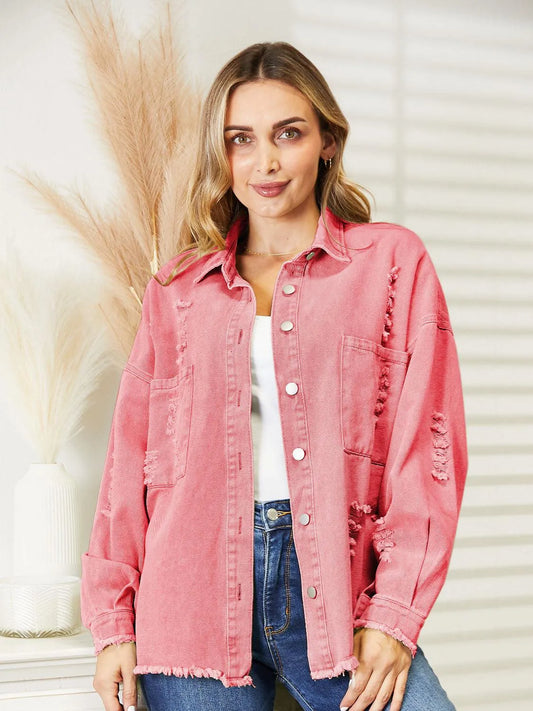 Stay Stylish with Women's Distressed Raw Hem Denim Jacket Jewelry Bubble