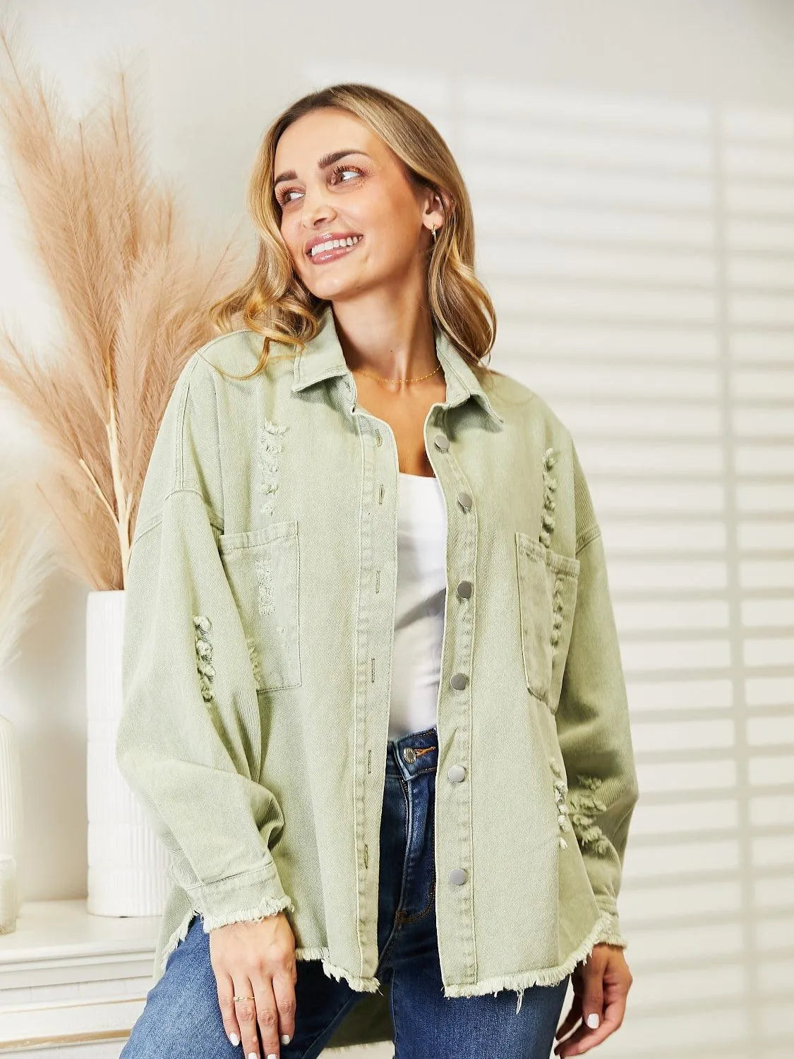 Stay Stylish with Women's Distressed Raw Hem Denim Jacket Jewelry Bubble