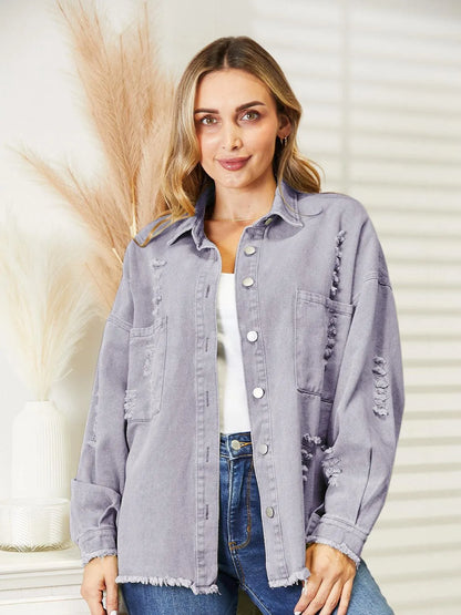 Stay Stylish with Women's Distressed Raw Hem Denim Jacket Jewelry Bubble