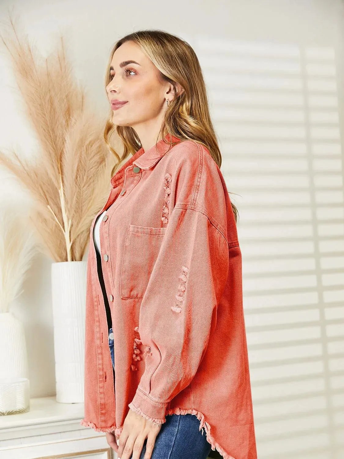 Stay Stylish with Women's Distressed Raw Hem Denim Jacket