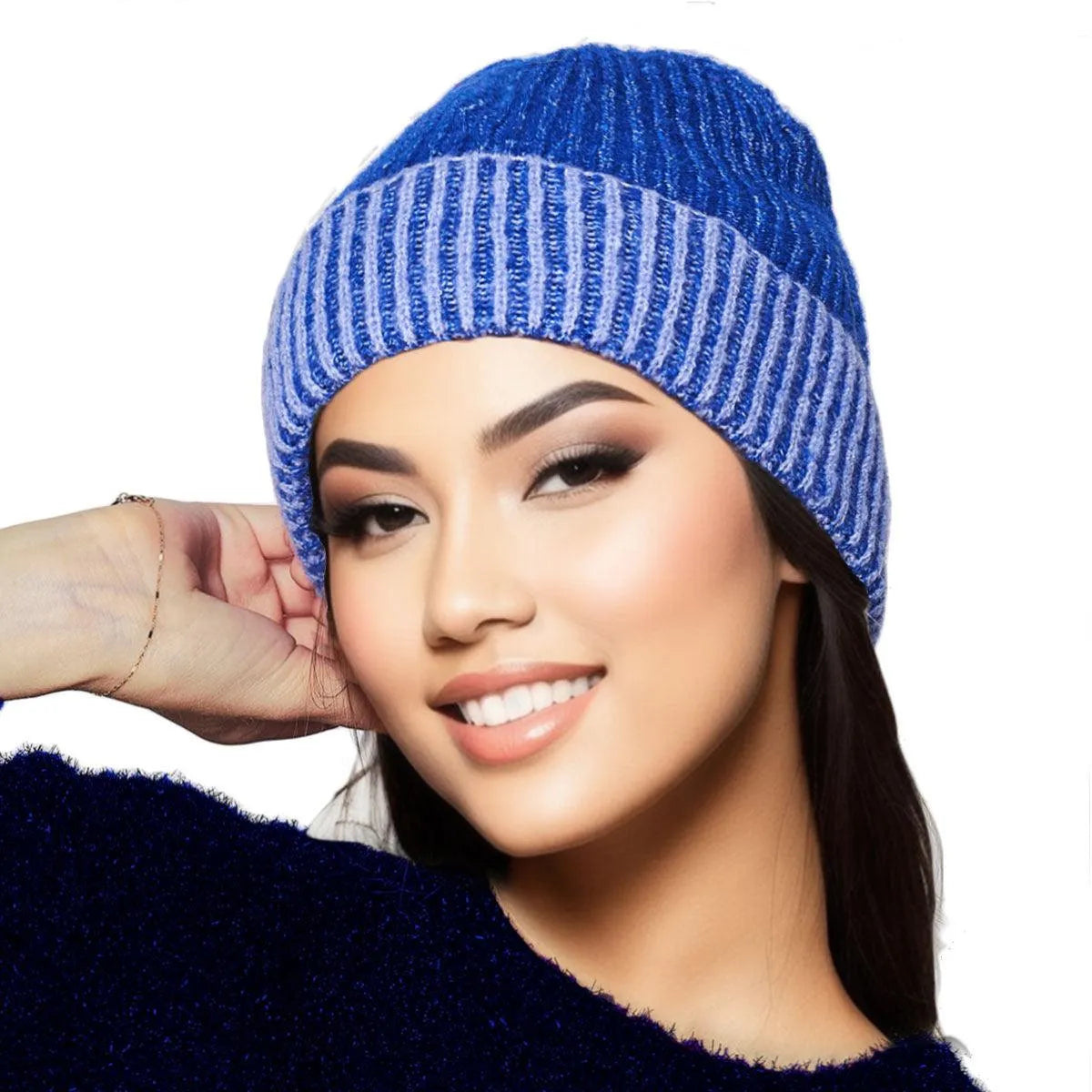 Stay Toasty: Ribbed Knit Beanie Hat in Blue Jewelry Bubble